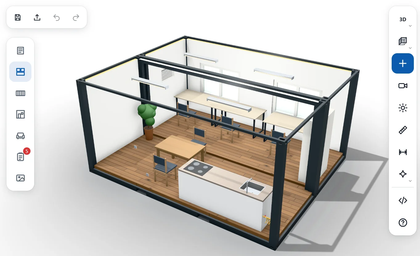 De 3D-configurator: een container met keuken, tafels, stoelen en ramen, met werkbalken om op te slaan, onderdelen toe te voegen en de weergave te kiezen.